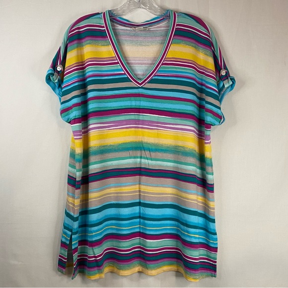 WESTBOUND Petite Chasing Stripe Short Sleeve Button Detail V-Neck Top Size PXL - Picture 4 of 15